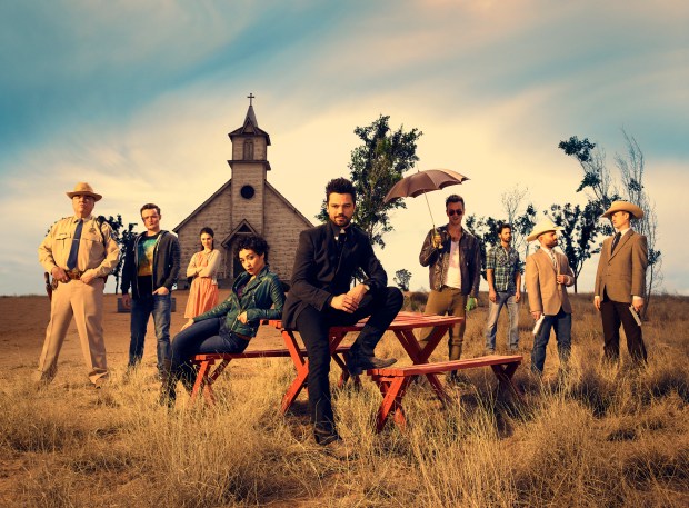 W. Earl Brown as Sheriff Hugo Root, Ian Colletti as Eugene Root, Lucy Griffiths as Emily, Ruth Negga as Tulip O'Hare, Dominic Cooper as Jesse Custer, Joseph Gilgun as Cassidy, Derek Wilson as Donnie Schenck, Anatol Yusef as DeBlanc, Tom Brooke as Fiore; group - Preacher _ Season 1, Gallery - Photo Credit: Matthias Clamer/AMC